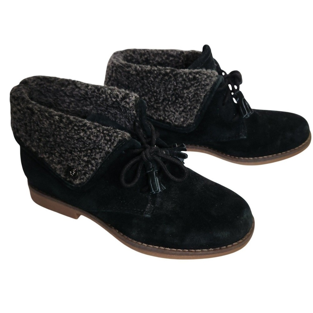 Hush Puppies Womens Black Suede Fleece Lined Ankle Boots Tassel Cozy Size 7.5